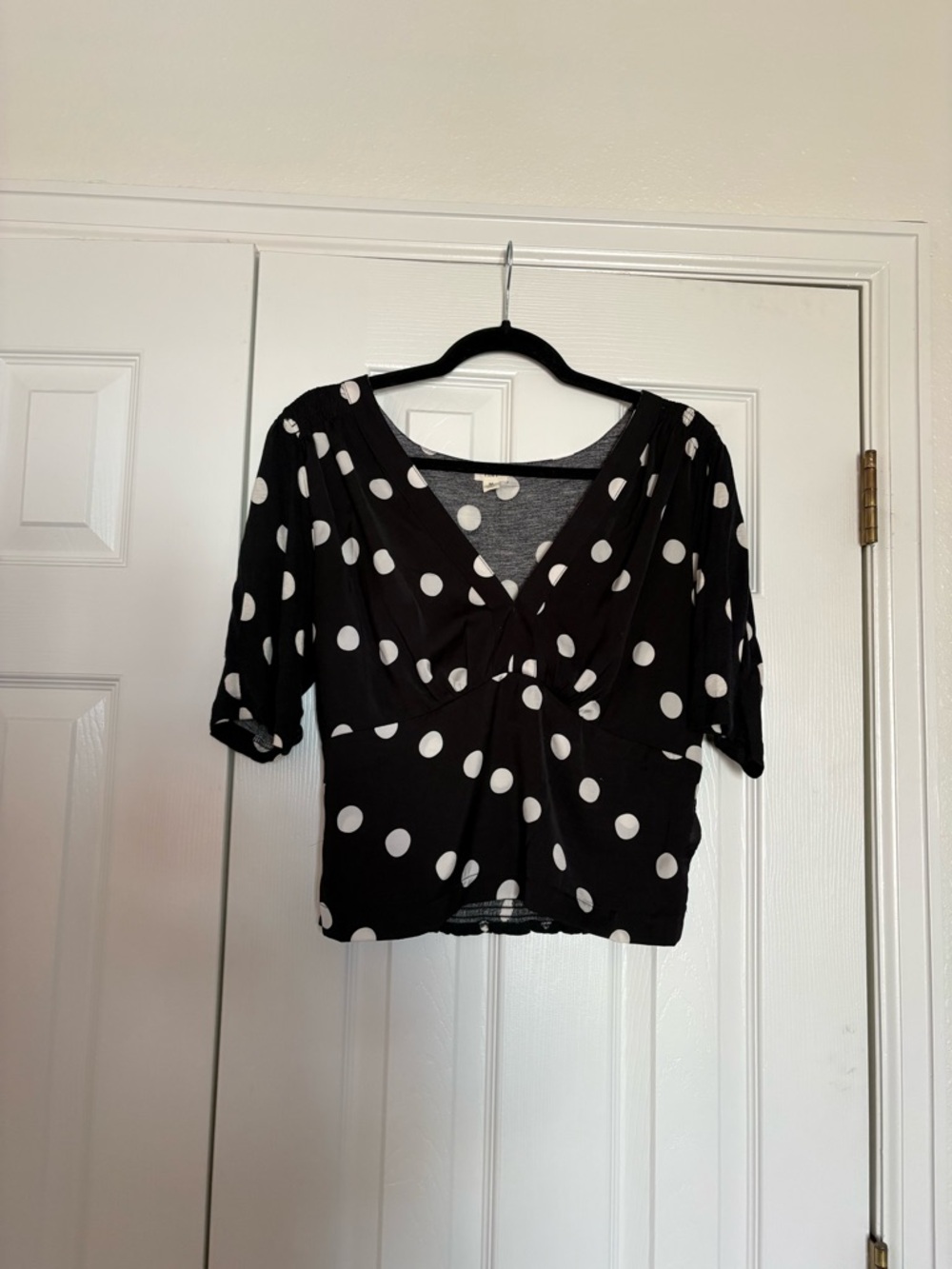 Anthropologie Black and White Polka Dot V-Neck Blouse